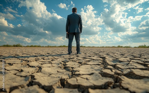 A businessman on barren, cracked land, symbolizing the stagnation of business, lack of potential, and the struggle to thrive in a barren, lifeless environment devoid of opportunity