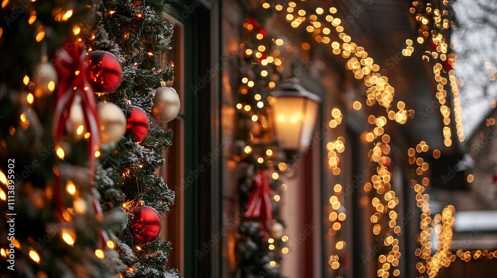Christmas decorations illuminating building facade at night Christmas decorations illuminating building facade at night