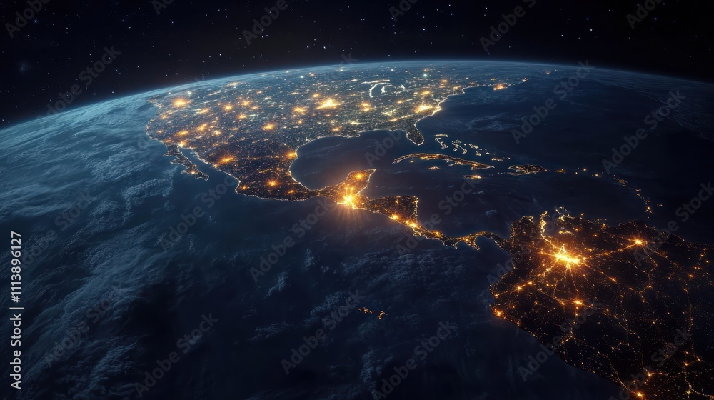Obraz premium A satellite view of Central America and parts of North America at night, showcasing city lights.