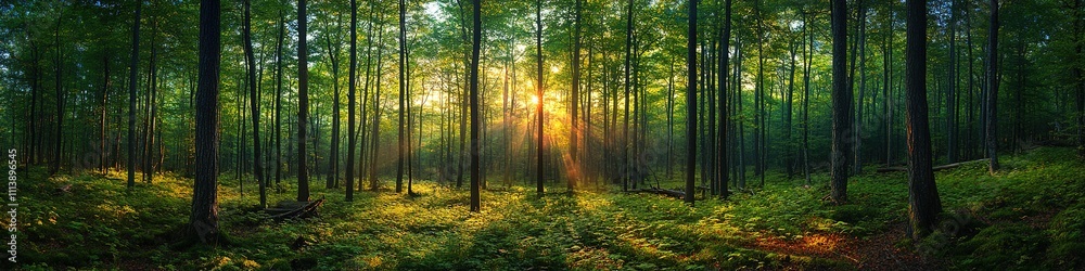 Obraz premium Sunlight piercing through dense forest, casting shadows and warmth.