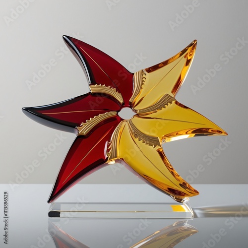 Glass shuriken sculpture with gradient bladed star and intricate etched design on gray background, generative ai photo