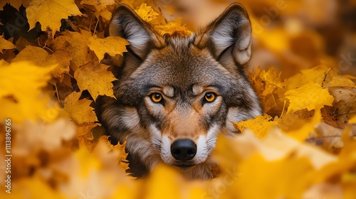 A wolf with piercing eyes and a focused gaze, staring intently at the camera. photo