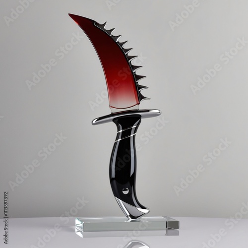 Glass Ripper weapon sculpture with gradient red blade and sleek black handle on gray background, generative ai photo