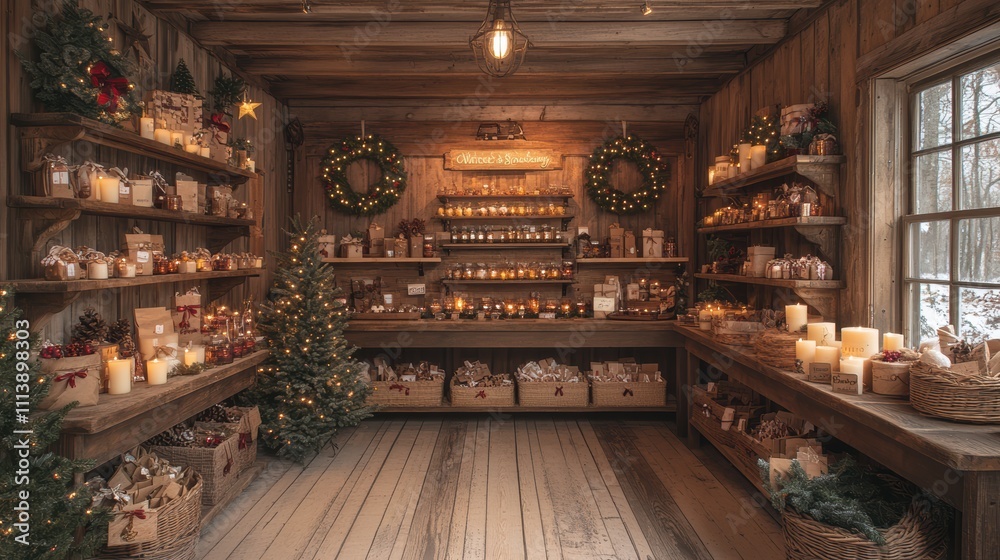 Rustic christmas gift shop display with handmade ornaments and wreaths Rustic christmas gift shop display with handmade ornaments and wreaths