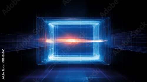 Abstract digital tunnel with neon light lines creating a futuristic glow, bright colors and energetic movement