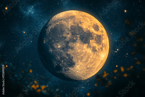 Golden Moon Among Distant Stars and Nebulae