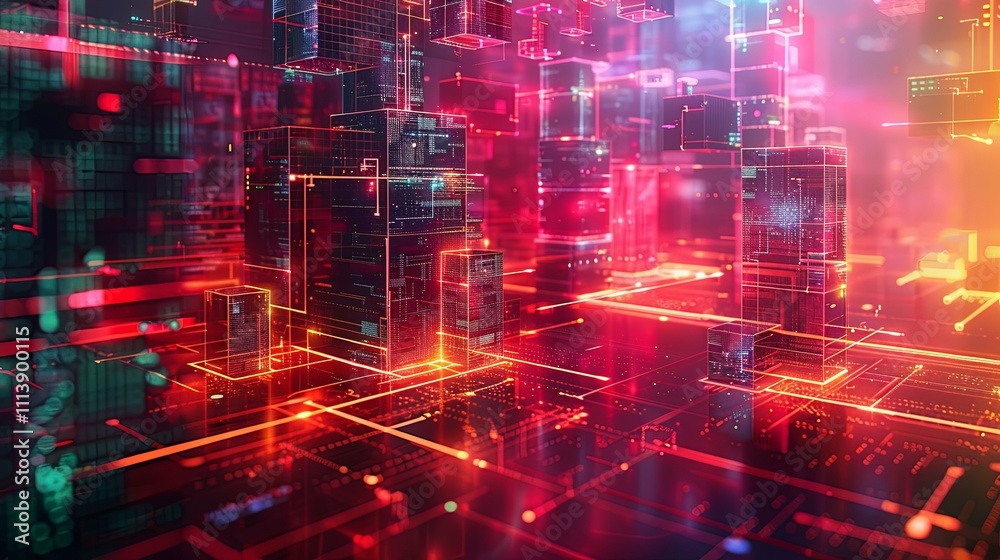 Neon-lit digital cityscape of glowing cubic structures and interconnected networks. Neon-lit digital cityscape of glowing cubic structures and interconnected networks.