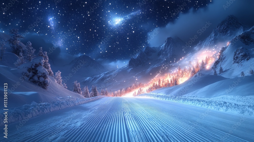 Perfectly groomed ski slope leading towards illuminated chalets nestled among snow covered trees under a breathtaking starry night sky Perfectly groomed ski slope leading towards illuminated chalets nestled among snow covered trees under a breathtaking starry night sky