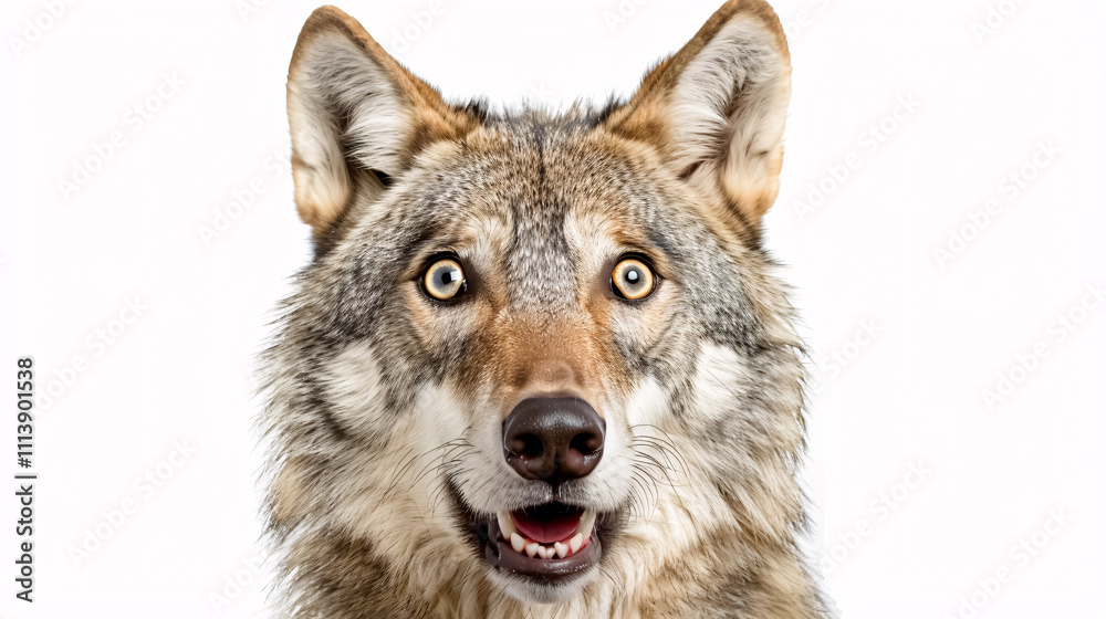 Fototapeta premium Portrait of a Surprised Wolf: Close-up, isolated on a white background.