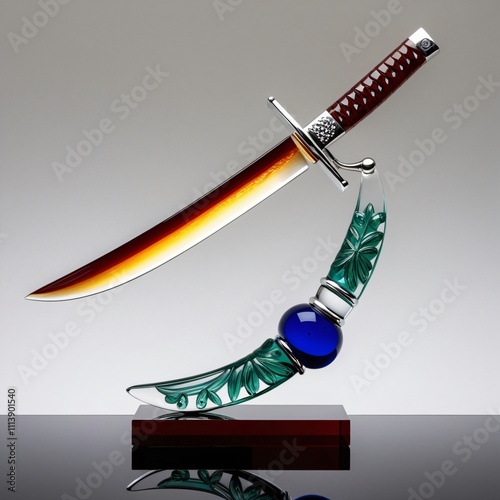 Glass katana sculpture with gradient blade and ornate hilt on gray background, generative ai photo