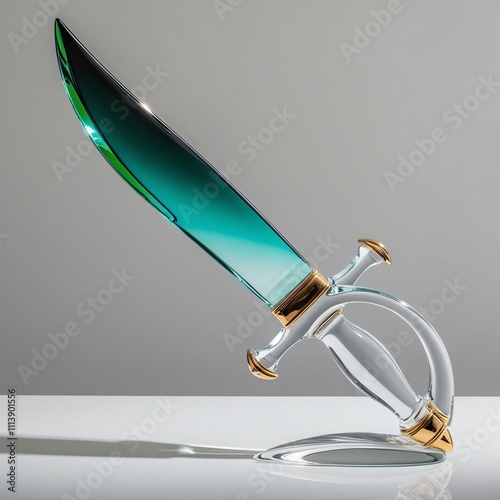 Glass Kris dagger sculpture with gradient green blade and ornate hilt on gray background, generative ai photo