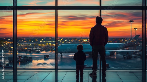 Awaiting the Flight: Family at the Airport Window during Sunset photo