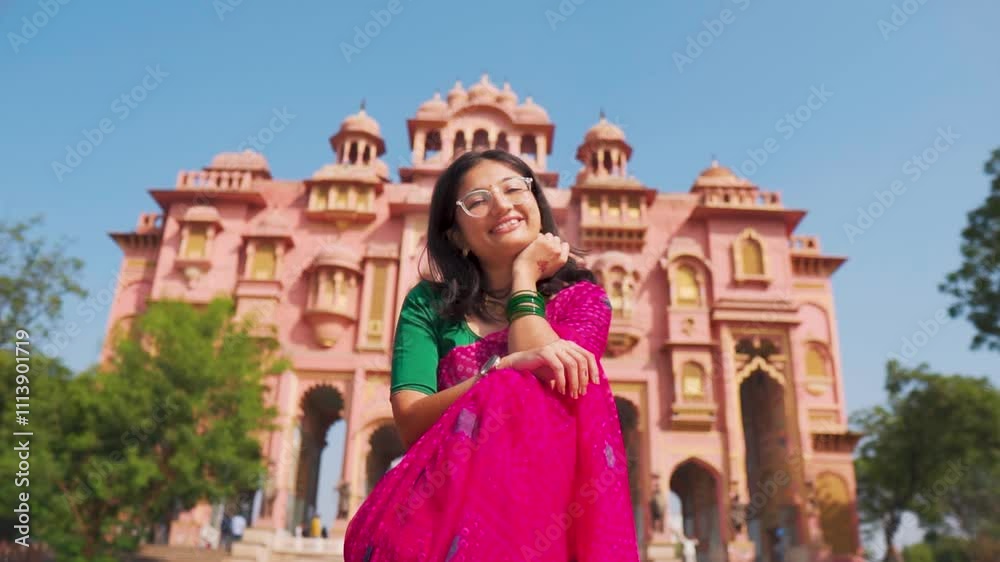 Portrait of beautiful Indian tourist smiling at camera while posing at Patrika Gate in Jaipur, Rajasthan, India. Young woman wearing Indian saree. Fashion, Local culture and travel concept