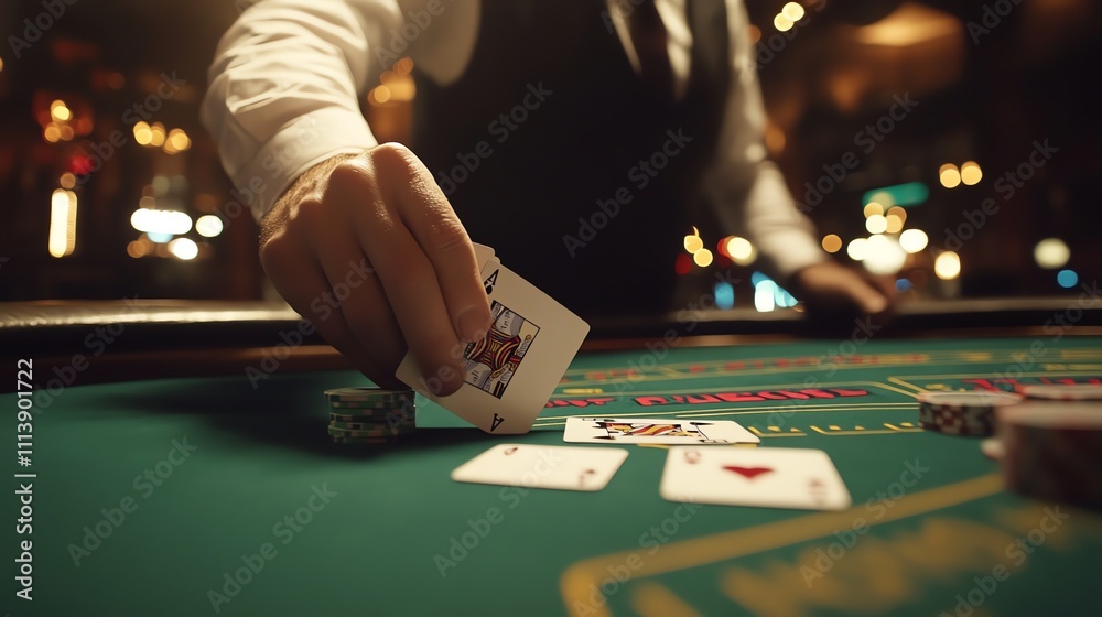 A hand deals a card to a player at a casino table. A hand deals a card to a player at a casino table.