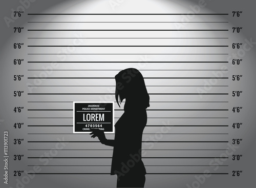 A woman and mugshot, Police lineup or mugshot background for criminals with inches metric and chalkboard side profile view	
