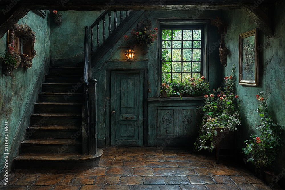 A Rustic Foyer With Wooden Staircase And Greenery A Rustic Foyer With Wooden Staircase And Greenery
