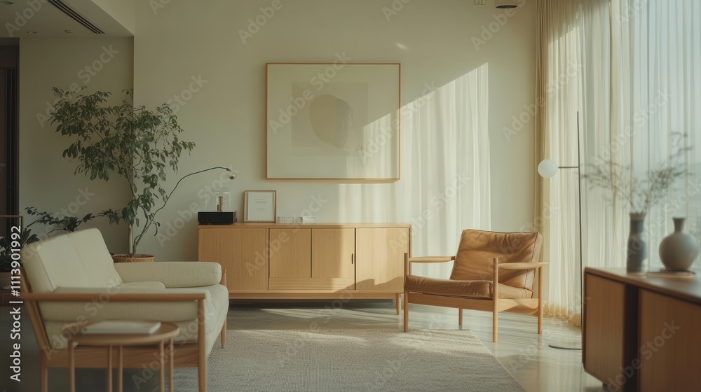 Fototapeta premium Modern Living Room Interior Design with Light Wood Furniture