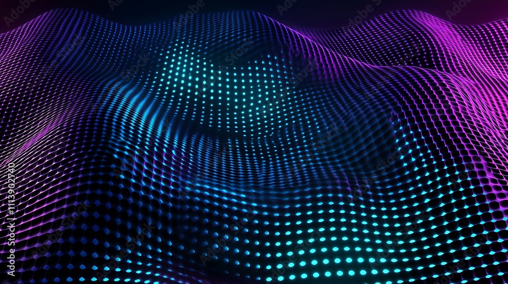 Obraz premium Abstract Digital Waves with Neon Dots and Gradient Colors in a Surreal Landscape Presentation