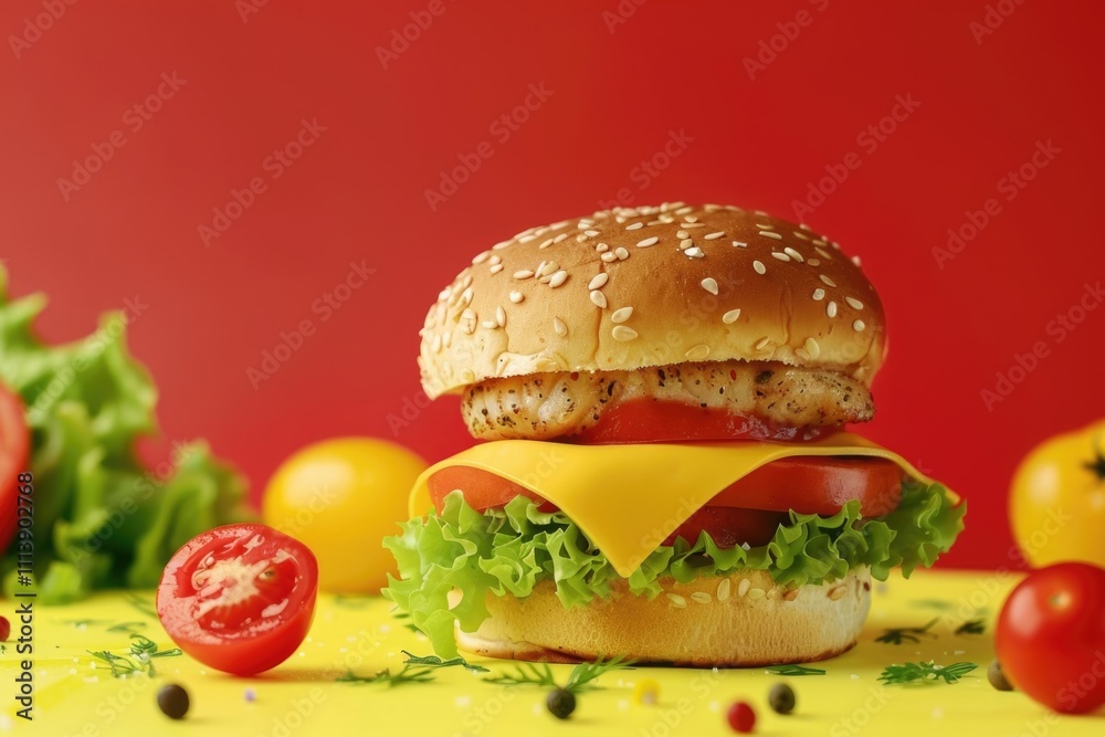 Tasty fish burger with tomatoes cheese lettuce on colorful background. Tasty fish burger with tomatoes cheese lettuce on colorful background.