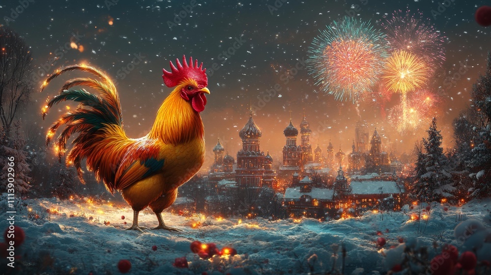Fototapeta premium Yellow Earth Rooster in Snowy Landscape. Generative AI