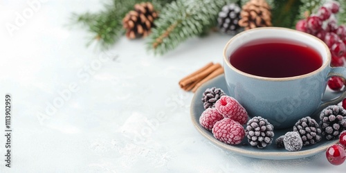 Cup of berry tea with frozen raspberries, pinecones, and evergreen branches on snowy background with copy space, festive winter holiday concept, ideal for seasonal designs