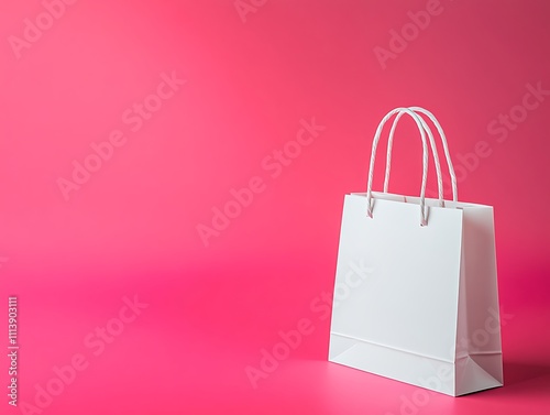 A single elegant white shopping paper bag placed on a radiant pink solid background photo