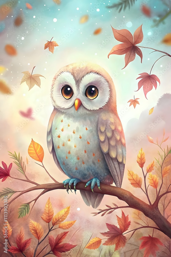 Fototapeta premium Charming Colorful Owl Sitting Branch Fall Leaves Background