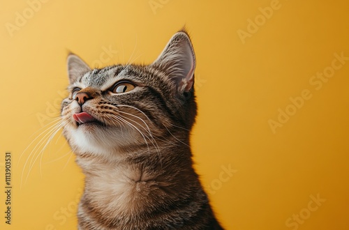 A captivating tabby cat with a captivating expression, a close-up portrait against a bold mustard background