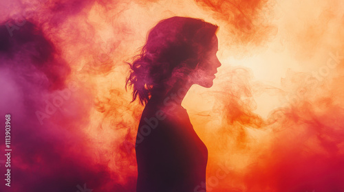 Silhouette of a Woman in Vibrant Smoke and Sunset Glow