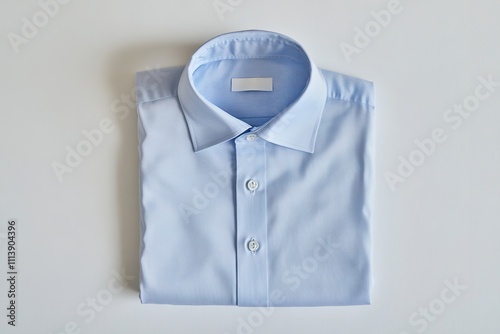 Blue folded dress shirt on white background with copy space