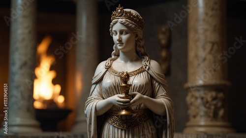 Statue of Hestia, the goddess of hearth, holding a flame, set against an eternal sacred fire, with home and warmth symbols carved on the base. photo