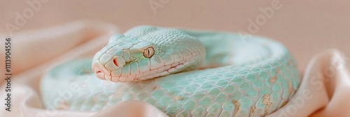 Mint green snake resting on soft fabric with golden details, New Year zodiac and prosperity symbol, ideal for festive and cultural themes photo