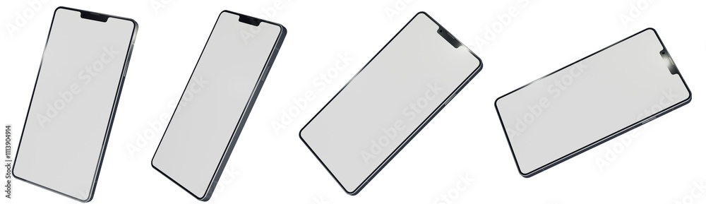 Set of Smartphone mockup 3D rendering blank white screen on a transparent background. View from the top by 25 degrees rotation on the X-axis, and minus 15 to 65 degrees rotation on the Z-axis. Set of Smartphone mockup 3D rendering blank white screen on a transparent background. View from the top by 25 degrees rotation on the X-axis, and minus 15 to 65 degrees rotation on the Z-axis.