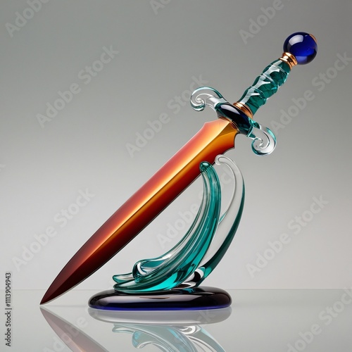 Glass dagger sculpture with gradient blade and ornate hilt on light gray background, generative ai photo