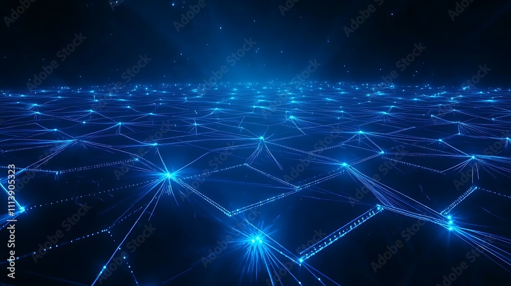 Abstract futuristic digital network with glowing blue lines and nodes creating a matrix-like surface Abstract futuristic digital network with glowing blue lines and nodes creating a matrix-like surface