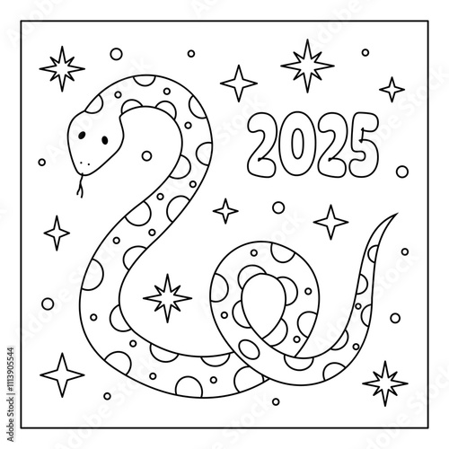 Template for New Year greeting card for the year of the snake 2025. Cute, stylish and simple design. Coloring book.