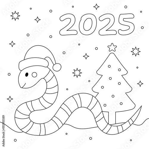 Template for New Year greeting card for the year of the snake 2025. Cute, stylish and simple design. Coloring book.