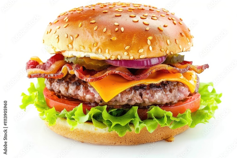 single fresh burger with beef cheese bacon and vegetables isolated on white background burger single fresh burger with beef cheese bacon and vegetables isolated on white background burger