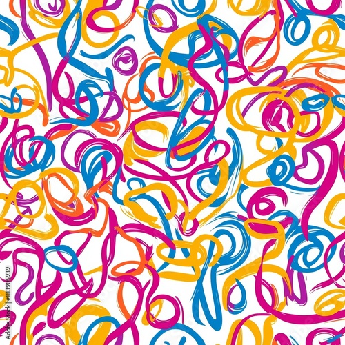 Seamless pattern of colorful squiggles for kids. Abstract, cute background design for children's parties. Fun and colorful line pattern. Modern, cute abstract children's background illustration.