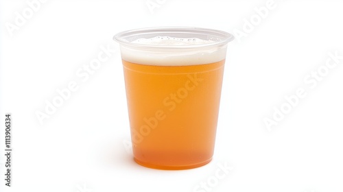 A near view of a plastic glass containing beer, positioned on a white surface.