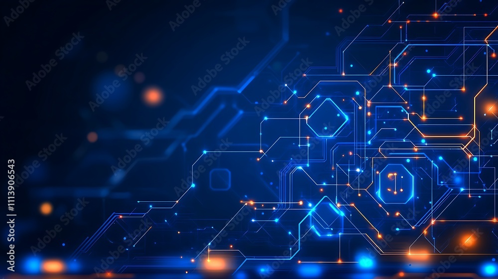 Obraz premium Abstract futuristic technology background with glowing lines, dots, and shapes in blue and orange hues