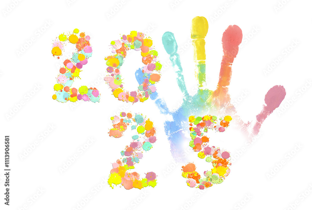 2025 New Year made from colorful oil paint stains with rainbow handprint 2025 New Year made from colorful oil paint stains with rainbow handprint