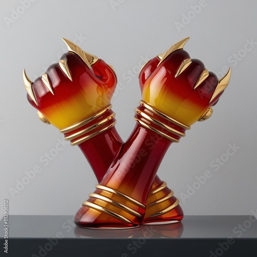 Glass cestus sculpture with gradient knuckle design and golden accents on gray background, generative ai photo