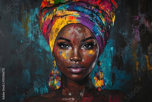 Vibrant Portrait of a Woman with Colorful Headwrap and Artistic Face Paint, Celebrating African Culture and Beauty