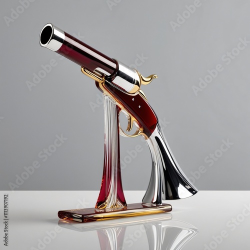 Glass blunderbuss sculpture with gradient barrel and ornate ruby stock design on gray background, generative ai photo