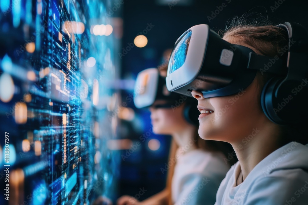 Children experiencing virtual reality technology at an interactive exhibition in the evening Children experiencing virtual reality technology at an interactive exhibition in the evening