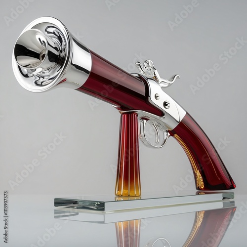 Glass blunderbuss sculpture with gradient barrel and ornate ruby stock design on gray background, generative ai photo