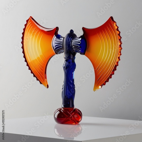 Glass battleaxe sculpture with gradient blades and ornate handle on gray background, generative ai photo