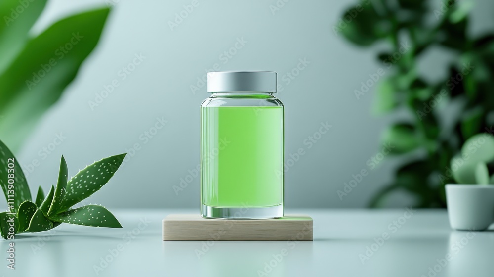 Elegant glass jar of green liquid surrounded by lush greenery