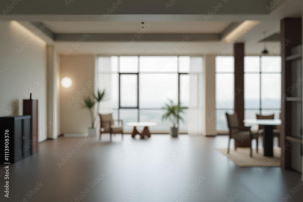 Fototapeta premium Blurred empty open space office. Abstract light bokeh at office interior background for design